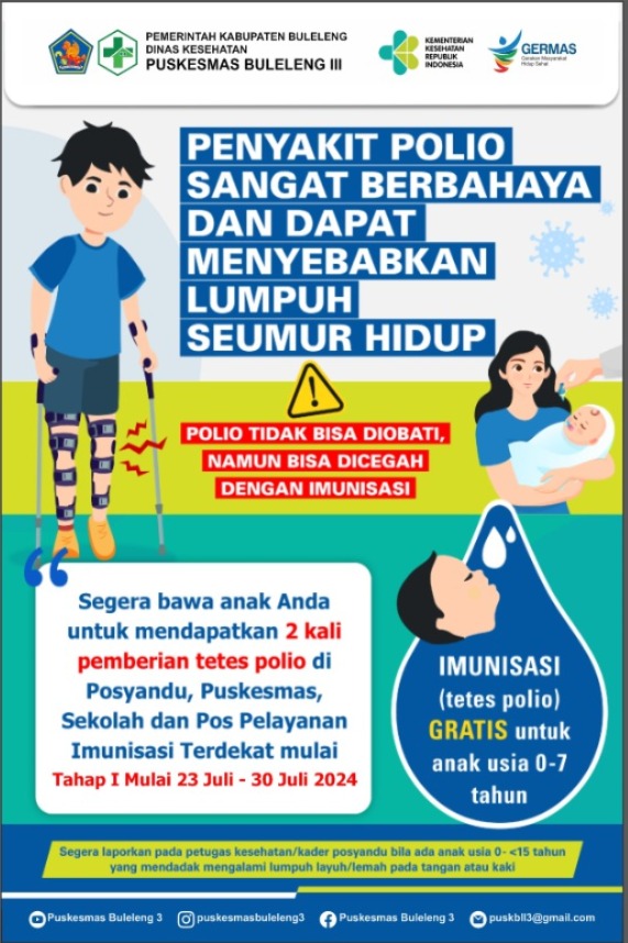 Segera bawa anak anda untuk mendapatkan 2 kali pemberian tetes polio di Posyandu, Puskesmas, Sekolah atau tempat pelayanan imunisasi terdekat